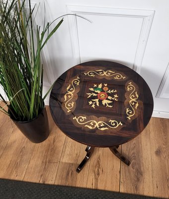 Italian Walnut Inlay Marquetry Round Tripod Sofa or Side Table, 1950s-EUP-1718951