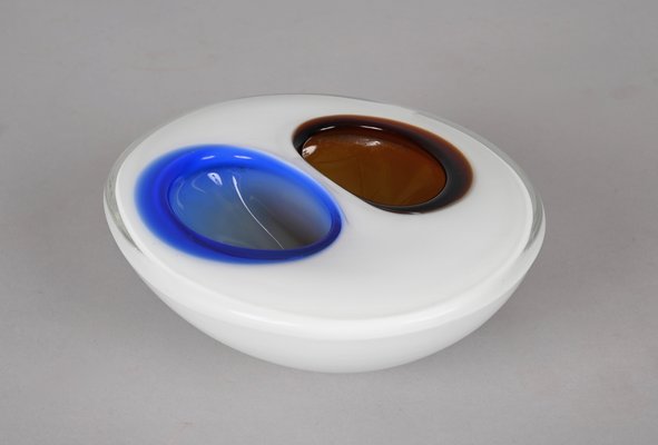 Italian White, Amber and Blue Submerged Murano Glass Bowl by Flavio Poli, 1970s-JDR-1288515