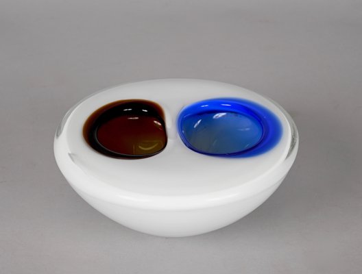 Italian White, Amber and Blue Submerged Murano Glass Bowl by Flavio Poli, 1970s-JDR-1288515