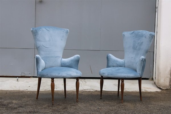 Italian Wood and Avio Velvet Lounge Chairs, 1950s, Set of 2-EH-705758