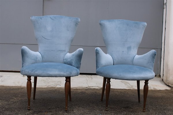 Italian Wood and Avio Velvet Lounge Chairs, 1950s, Set of 2-EH-705758