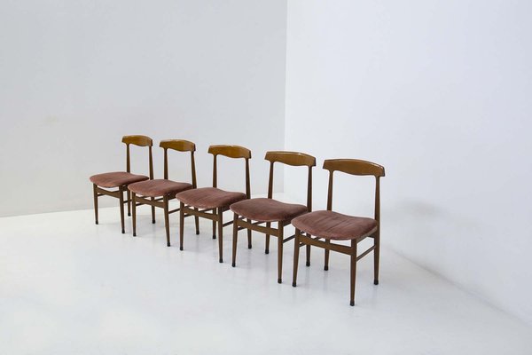 Italian Wood and Velvet Chairs, 1950s, Set of 5-RCE-1733920