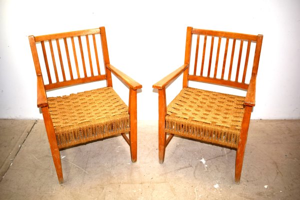 Italian Wood & Cord Lounge Chairs, 1940s, Set of 2-AOL-861439