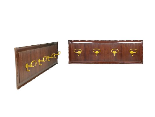 Italian Wooden and Golden Aluminum Wall Coat Racks, 1950s, Set of 2-RD-2032055