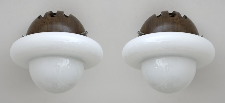 Italian Wooden and Modern Opal Glass Wall Lights, 1960s, Set of 2-FER-1359221