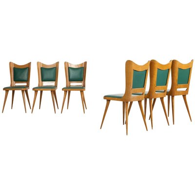 Italian Wooden Dining Chairs with Green Upholstery, 1950, Set of 6-AA-811141