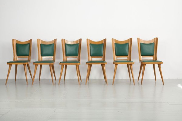 Italian Wooden Dining Chairs with Green Upholstery, 1950, Set of 6-AA-811141