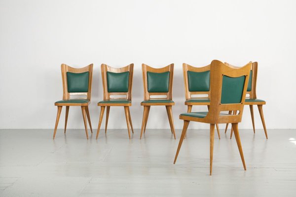 Italian Wooden Dining Chairs with Green Upholstery, 1950, Set of 6-AA-811141