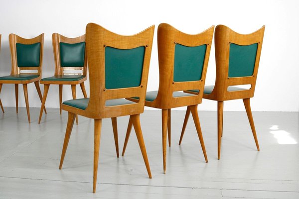 Italian Wooden Dining Chairs with Green Upholstery, 1950, Set of 6-AA-811141