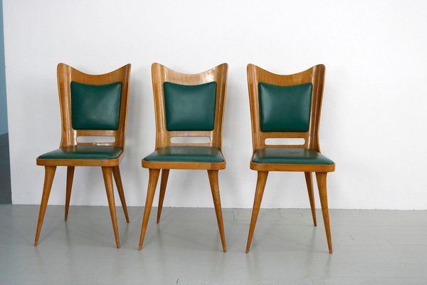 Italian Wooden Dining Chairs with Green Upholstery, 1950, Set of 6-AA-811141