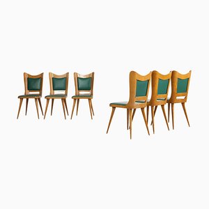 Italian Wooden Dining Chairs with Green Upholstery, 1950, Set of 6-AA-811141