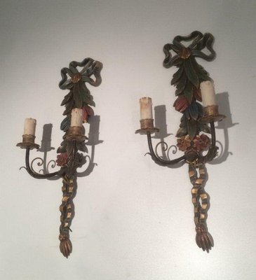 Italian Wooden Sculpted Wall Lights, 1960s, Set of 2-BA-1365699