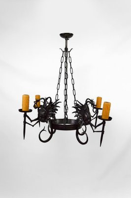 Italian Wrought Iron Chandelier with Dragons, 1890s-XNH-1804586