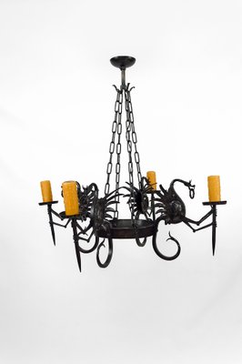 Italian Wrought Iron Chandelier with Dragons, 1890s-XNH-1804586