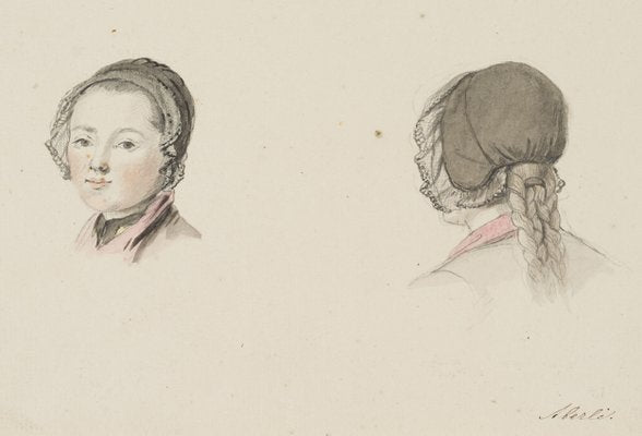 J. Aberli, Studies of a Woman with a Bonnet, 1750, Watercolor-OJR-1273249