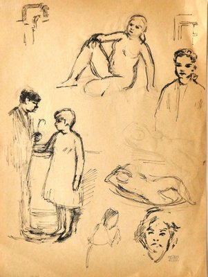 Jacques Hirtz, Figures, Pen Drawing, Mid-20th Century-ZCI-841138