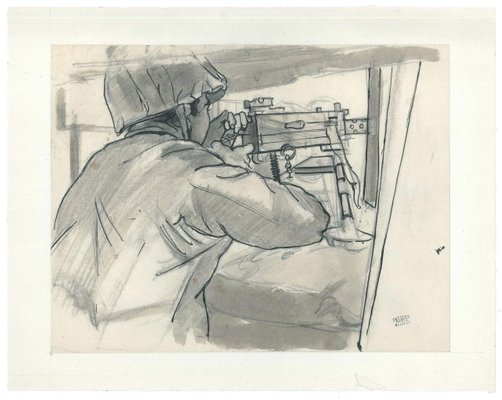 Jacques Hirtz, The Submachine Gun, Watercolored Ink, 20th Century-ZCI-792560