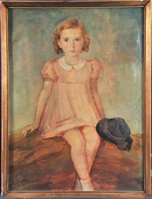 Jakab Ödön, Seated Young Girl with a Hat in Her Hands, 1920s, Oil on Canvas-QOR-2023415