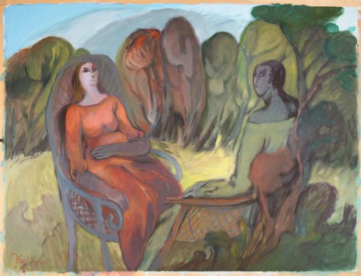 Jan Van Evelinge, Surrealist Garden Scene of Two Women in a Field, Acrylic on Paper-PLT-1148283