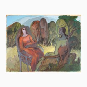 Jan Van Evelinge, Surrealist Garden Scene of Two Women in a Field, Acrylic on Paper-PLT-1148283