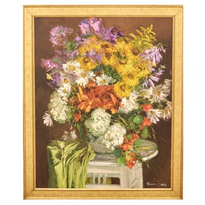 Jānis Kalnmalis, Still Life Autumn Flowers, Oil on Hardboard, Framed-WMV-1230000