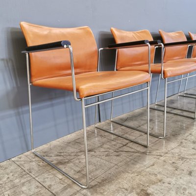 Jano Chairs in Cognac Leather with Wooden Armrests by Kazuhide Takahama for Studio Simon, 1970s, Set of 4-PRS-1818380