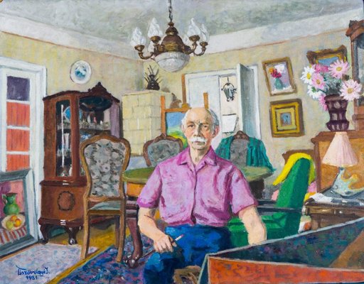 János Tiszavölgyi, Self Portrait in the Workshop, 1981, Oil on Board-QOR-2022620