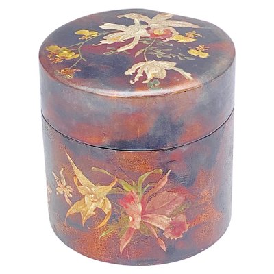 Japanese Cylindrical Box in Brown Lacquer Paint with Flower Decoration-UR-1326508