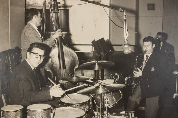 Jazz Band, Black & White Photograph on Wooden Board, 1940s-GPP-1047753