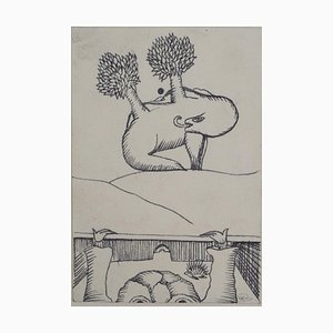 Jean-Claude Silbermann, Sneaky Signs: Surrealist Landscape with Hedgehog, Original Ink Drawing-KHH-2039340