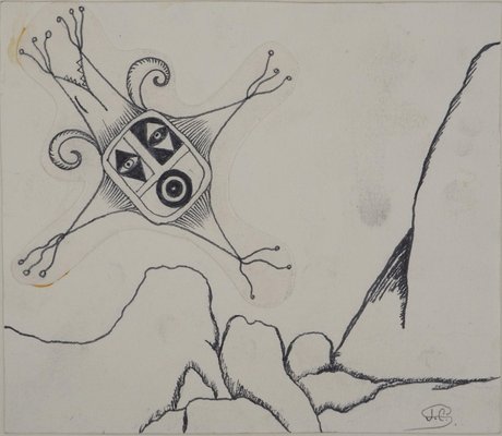 Jean-Claude Silbermann, Sneaky Signs: Surrealist Mask, Original Ink Drawing-KHH-2039342