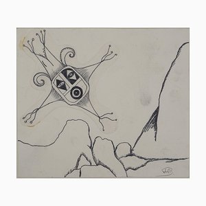 Jean-Claude Silbermann, Sneaky Signs: Surrealist Mask, Original Ink Drawing-KHH-2039342