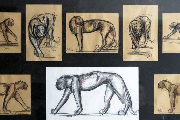 Johan Etiennette, Panther, Pastel Sketches on Paper, Framed-ZVH-1317685