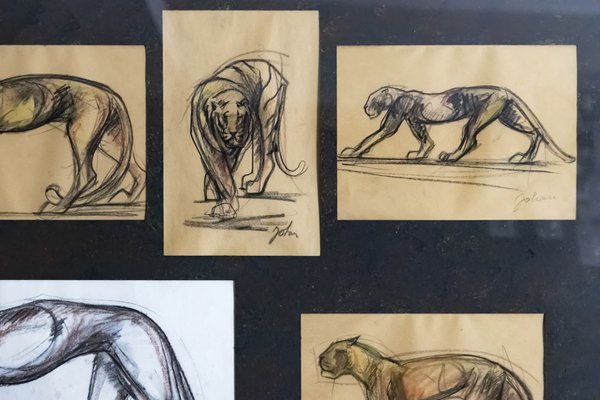 Johan Etiennette, Panther, Pastel Sketches on Paper, Framed-ZVH-1317685