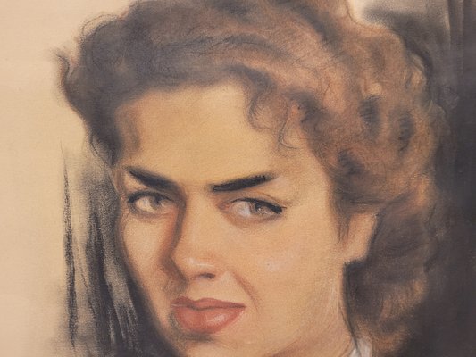 José Manuel Capuletti, Female Portrait, Charcoal and Pastel, 20th Century, Framed-NUC-1792916