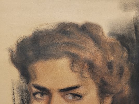 José Manuel Capuletti, Female Portrait, Charcoal and Pastel, 20th Century, Framed-NUC-1792916