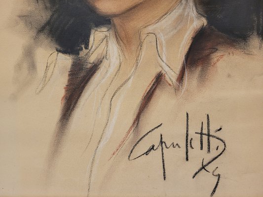 José Manuel Capuletti, Female Portrait, Charcoal and Pastel, 20th Century, Framed-NUC-1792916