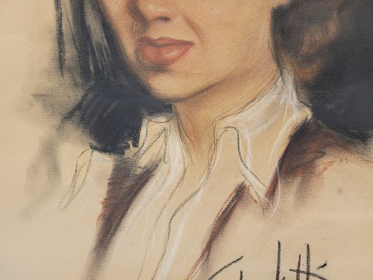 José Manuel Capuletti, Female Portrait, Charcoal and Pastel, 20th Century, Framed-NUC-1792916