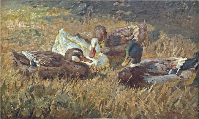 Josef Woldemar Keller-Kühne, Ducks, 1950s, Oil on Canvas, Framed-BGS-1754568