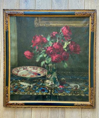 Joseph De Belder, Still Life with Roses and Chinoiserie, Oil on Canvas, Framed-DWL-1347169