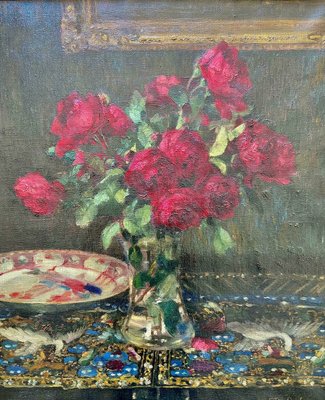 Joseph De Belder, Still Life with Roses and Chinoiserie, Oil on Canvas, Framed-DWL-1347169