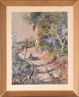 Juan de Palau Buixo, Large Landscape with Cart, 20th-Century, Watercolor on Paper, Framed-AOI-1106706