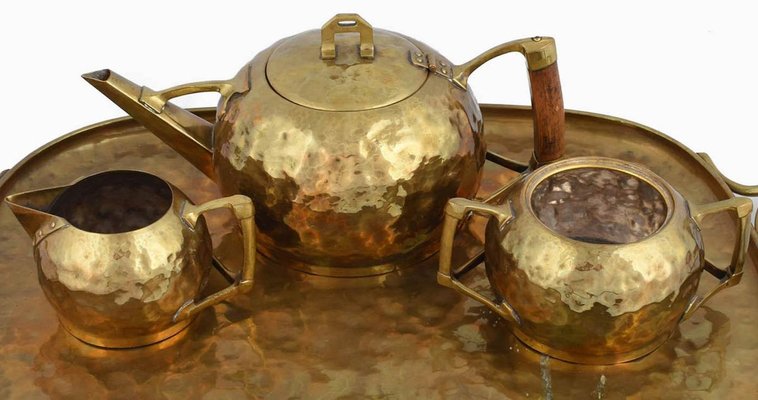 Jugendstil Brass Centrepiece & Tea Set with Tray by Carl Deffner, Germany, 1910s, Set of 4-ZCI-751933