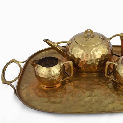 Jugendstil Brass Centrepiece & Tea Set with Tray by Carl Deffner, Germany, 1910s, Set of 4-ZCI-751933