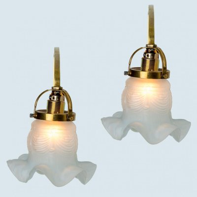 Jugendstil Brass Wall Lights with White Flower Shades, France, 1910, Set of 2-VDW-2044198