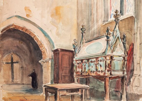 Jules Rene Leblanc - Church interior - ink and Watercolor - Early 20th Century-ZCI-873318