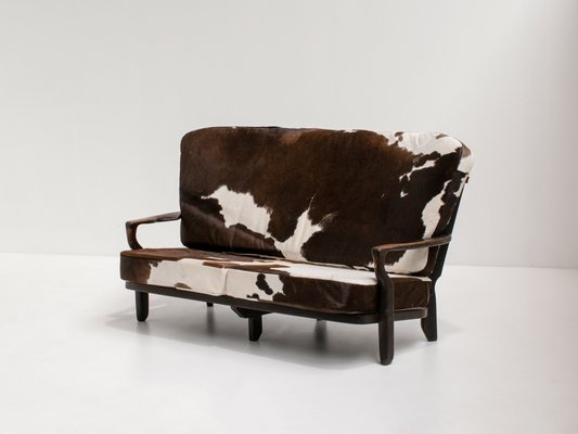 Juliette Sofa in Stained Oak and Cowhide by Guillerme Et Chambron for Votre Maison, 1950s-KWC-1425244