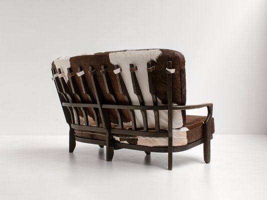 Juliette Sofa in Stained Oak and Cowhide by Guillerme Et Chambron for Votre Maison, 1950s-KWC-1425244