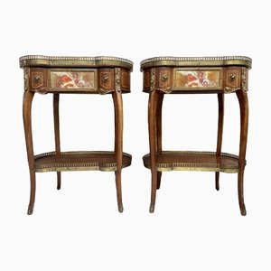 Kidney Shaped Bedside Tables in Carved Wood with Bronze and Marble Top, Set of 2-NOU-1336431