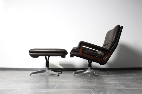 King Chair with Footrest in Brown Leather by André Vandenbeuck for Strässle, 1970s, Set of 2-IV-1801161